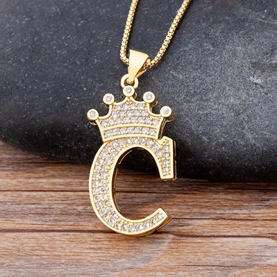 Nidin Premium Copper Zircon Alphabet Pendant Necklace with A-Z Crown Design