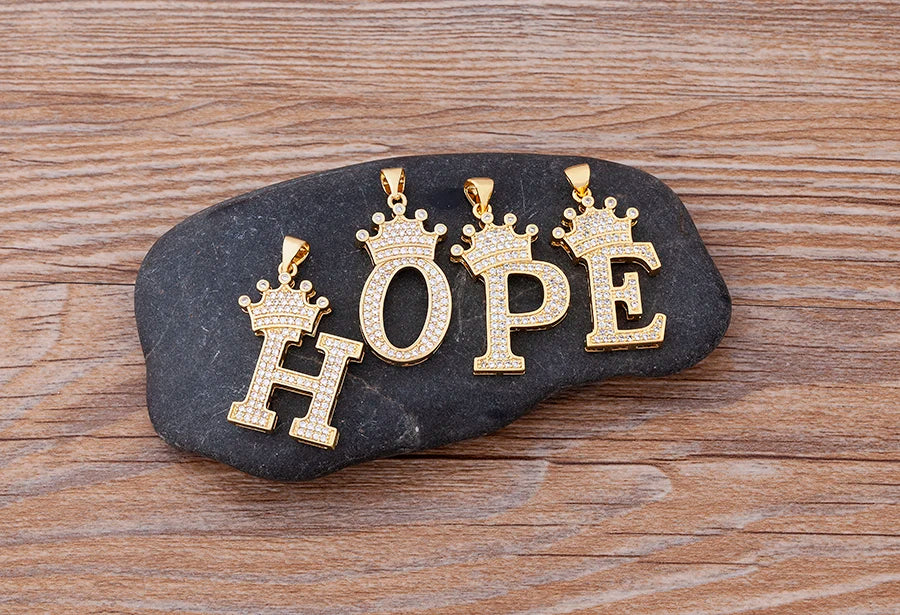 Nidin Premium Copper Zircon Alphabet Pendant Necklace with A-Z Crown Design