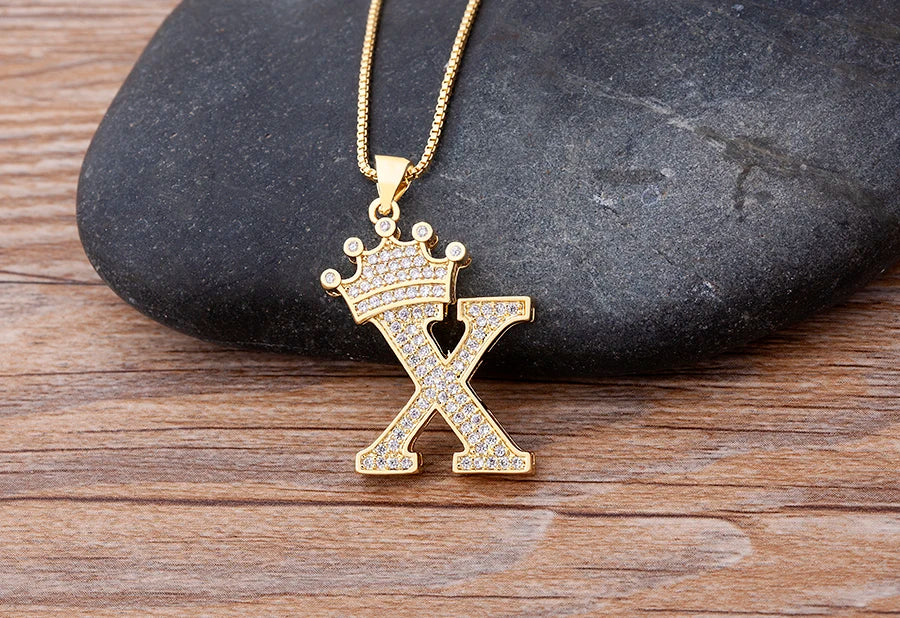 Nidin Premium Copper Zircon Alphabet Pendant Necklace with A-Z Crown Design