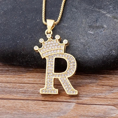 Nidin Premium Copper Zircon Alphabet Pendant Necklace with A-Z Crown Design