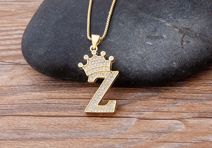 Nidin Premium Copper Zircon Alphabet Pendant Necklace with A-Z Crown Design