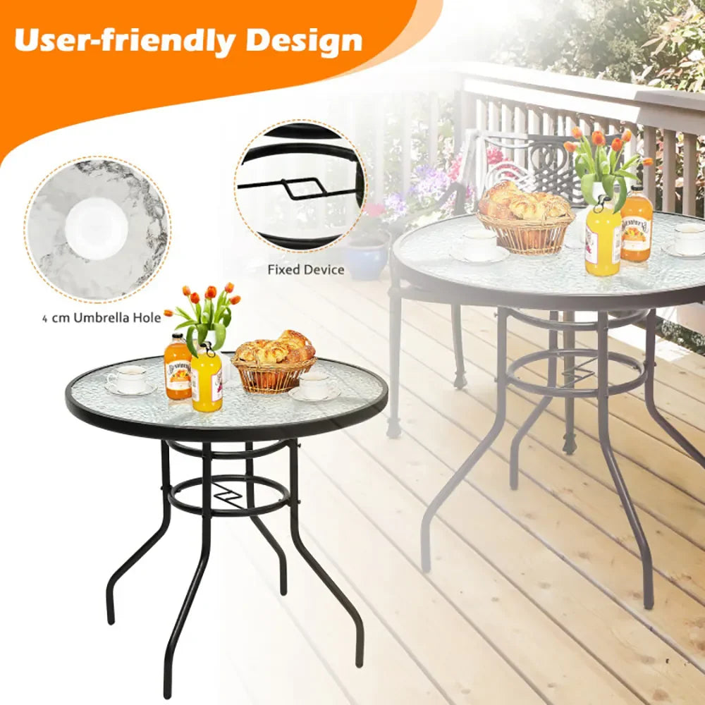 32-inch Modern Outdoor Patio Table with Tempered Glass Top and Iron Frame + Umbrella Hole