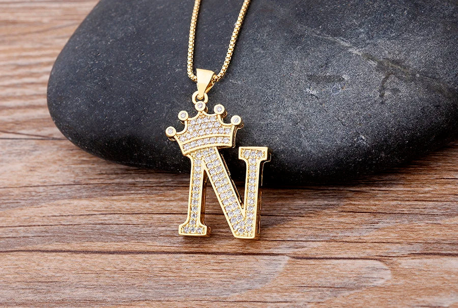 Nidin Premium Copper Zircon Alphabet Pendant Necklace with A-Z Crown Design