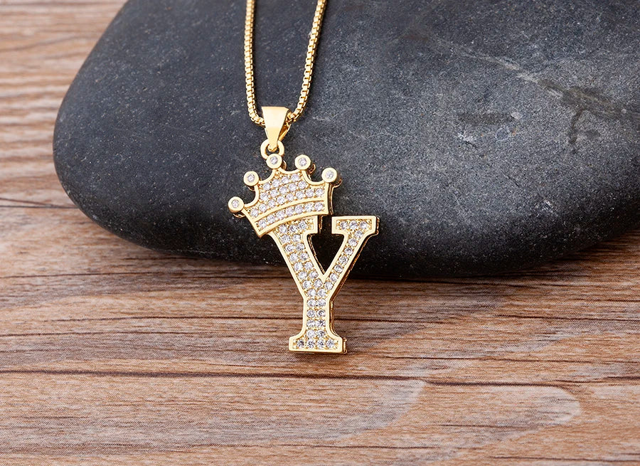 Nidin Premium Copper Zircon Alphabet Pendant Necklace with A-Z Crown Design