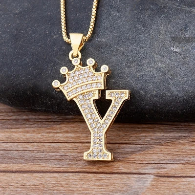 Nidin Premium Copper Zircon Alphabet Pendant Necklace with A-Z Crown Design