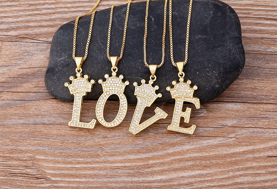 Nidin Premium Copper Zircon Alphabet Pendant Necklace with A-Z Crown Design
