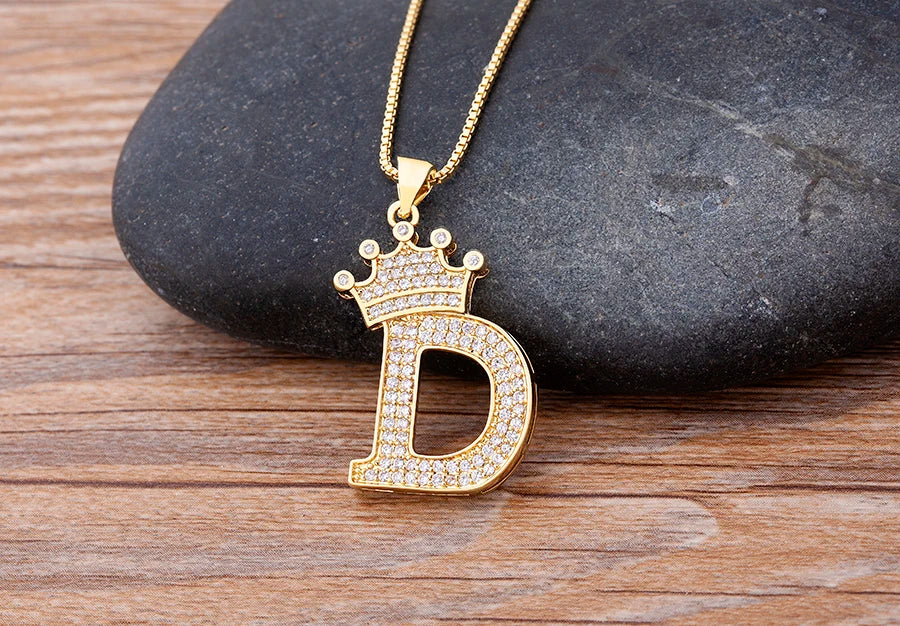 Nidin Premium Copper Zircon Alphabet Pendant Necklace with A-Z Crown Design