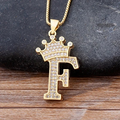 Nidin Premium Copper Zircon Alphabet Pendant Necklace with A-Z Crown Design
