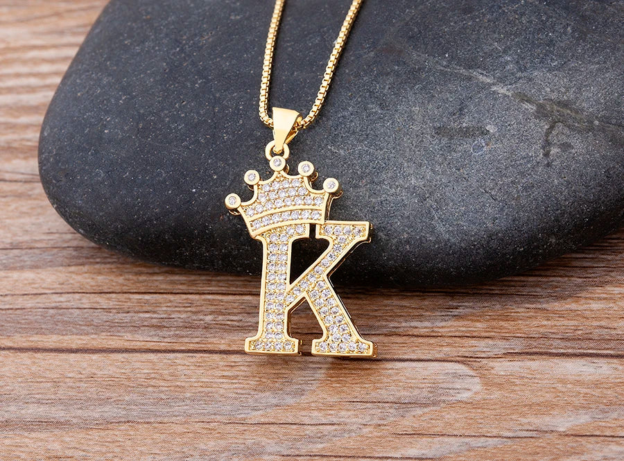 Nidin Premium Copper Zircon Alphabet Pendant Necklace with A-Z Crown Design