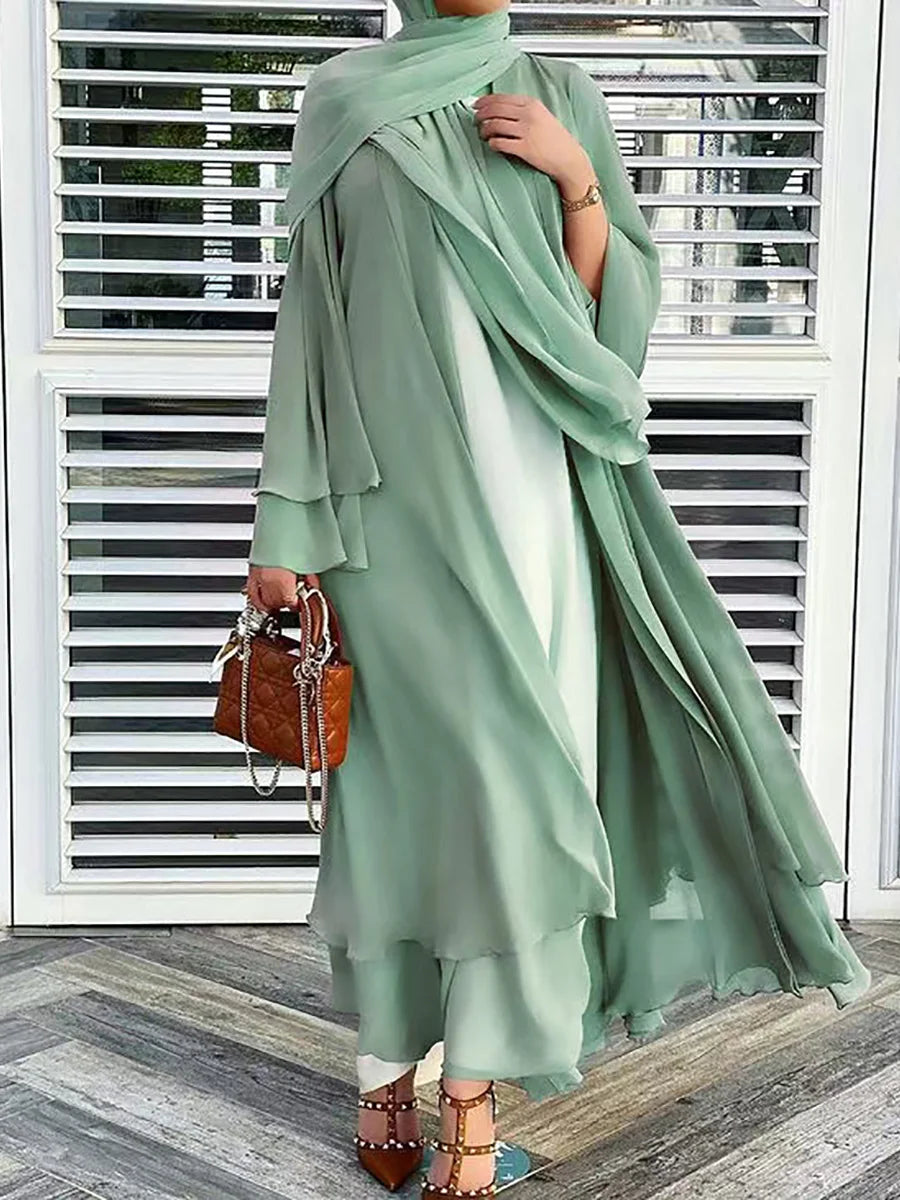 Latest Muslim Abaya – Two-Layer Chiffon Elegant Cardigan Robe for Women