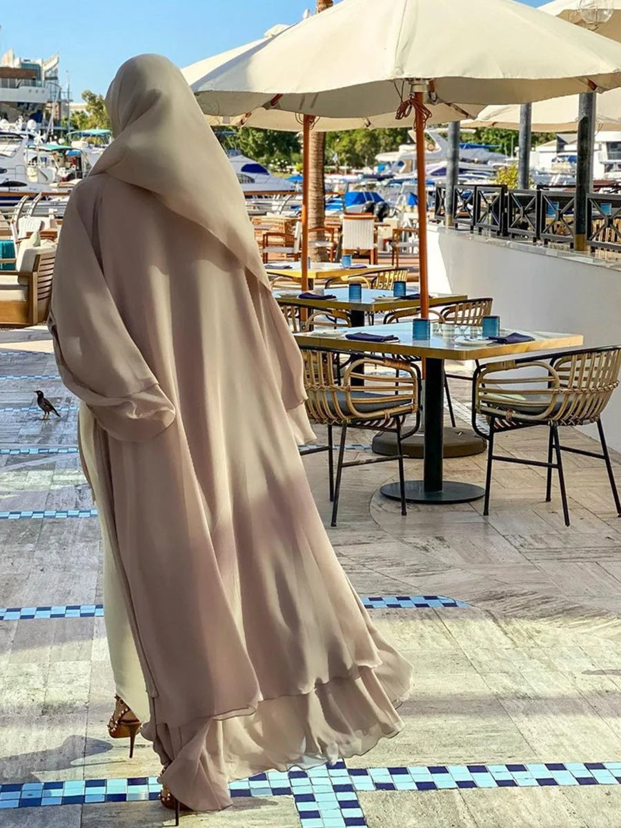 Latest Muslim Abaya – Two-Layer Chiffon Elegant Cardigan Robe for Women