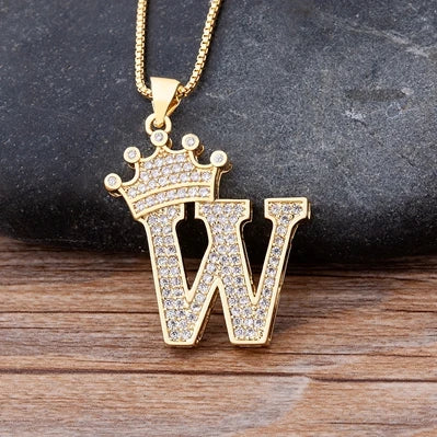 Nidin Premium Copper Zircon Alphabet Pendant Necklace with A-Z Crown Design