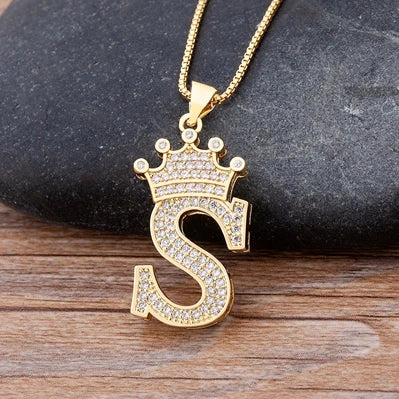 Nidin Premium Copper Zircon Alphabet Pendant Necklace with A-Z Crown Design