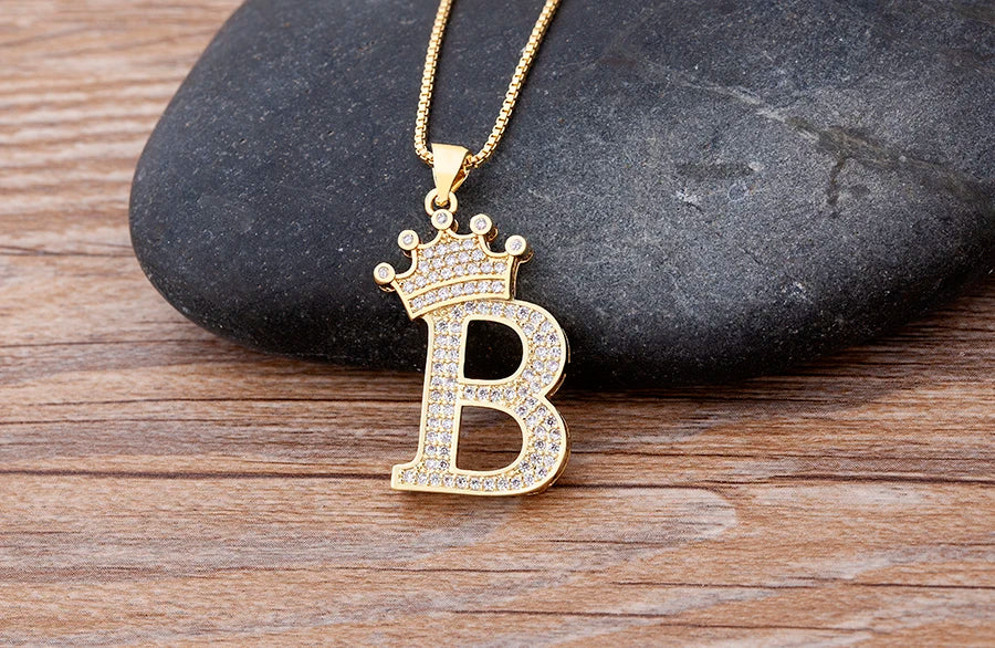Nidin Premium Copper Zircon Alphabet Pendant Necklace with A-Z Crown Design
