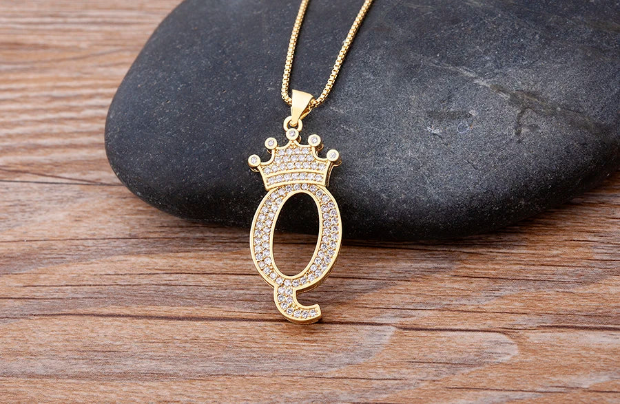 Nidin Premium Copper Zircon Alphabet Pendant Necklace with A-Z Crown Design