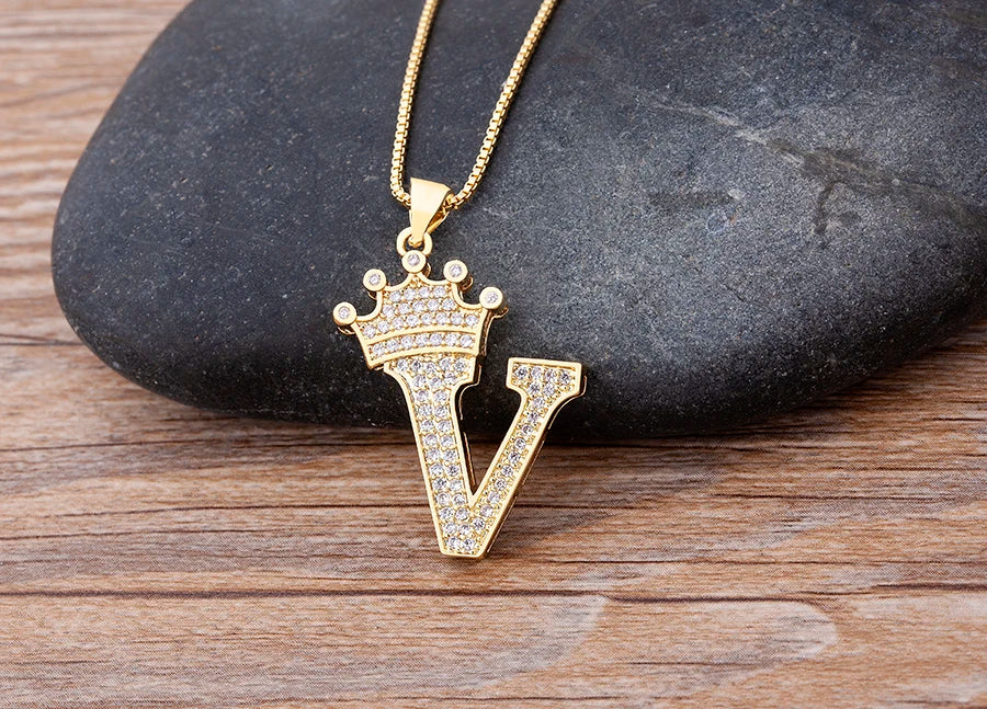 Nidin Premium Copper Zircon Alphabet Pendant Necklace with A-Z Crown Design