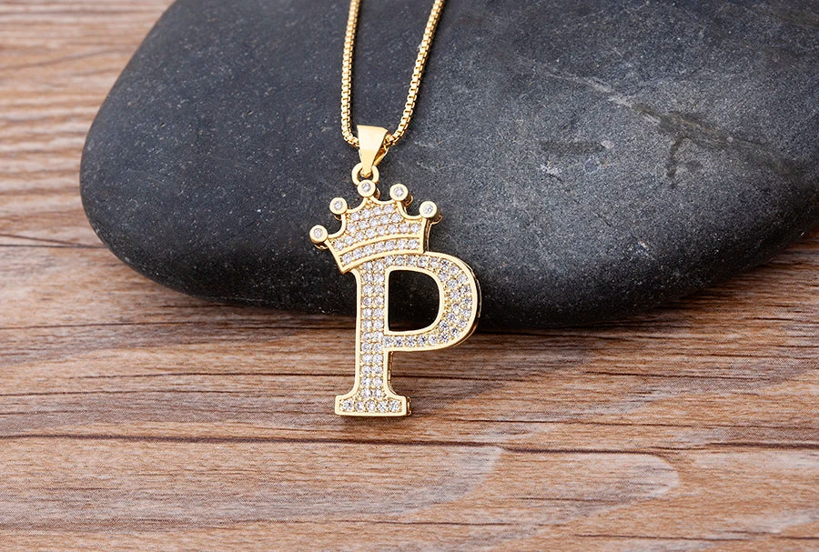 Nidin Premium Copper Zircon Alphabet Pendant Necklace with A-Z Crown Design