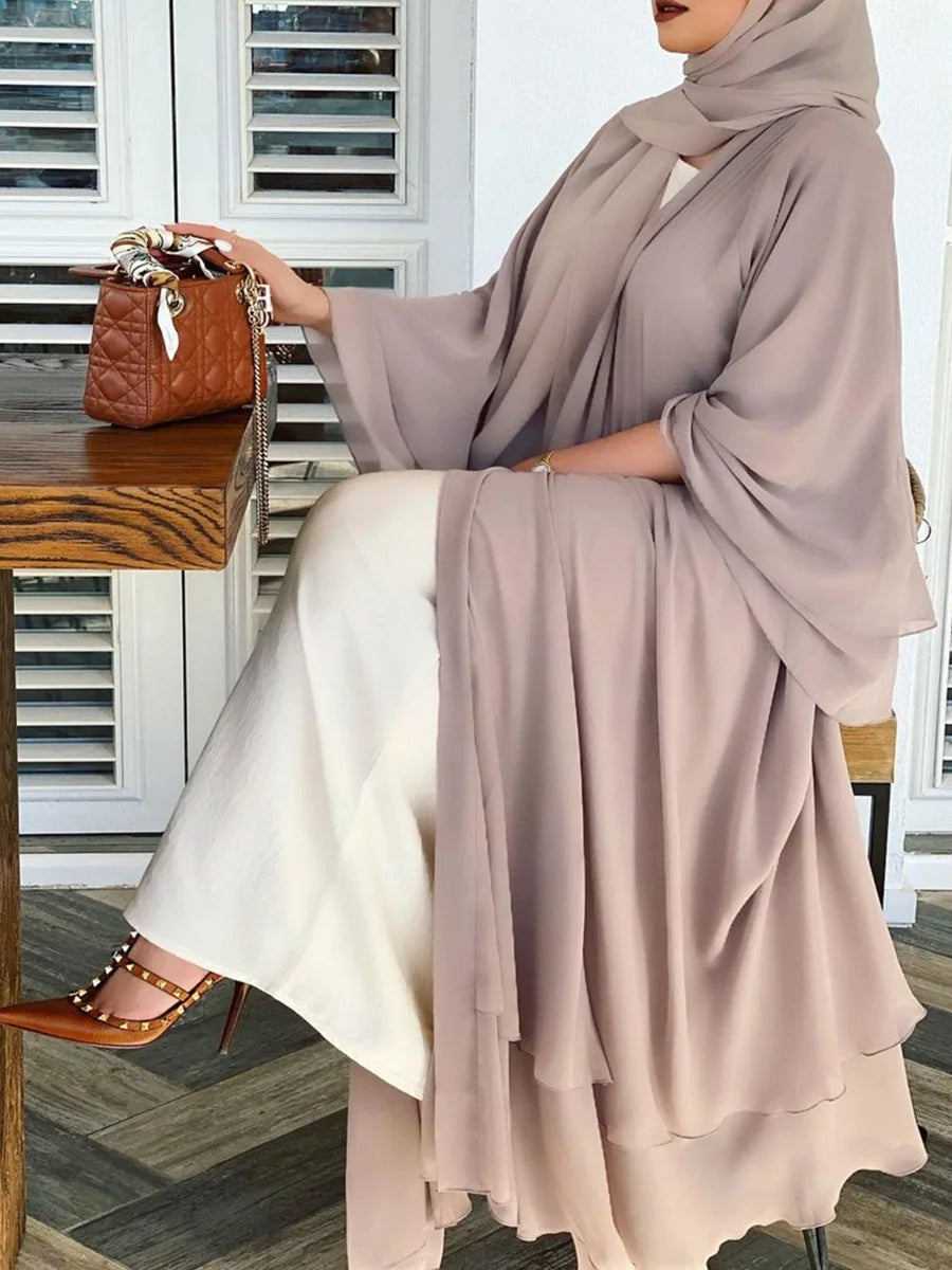 Latest Muslim Abaya – Two-Layer Chiffon Elegant Cardigan Robe for Women