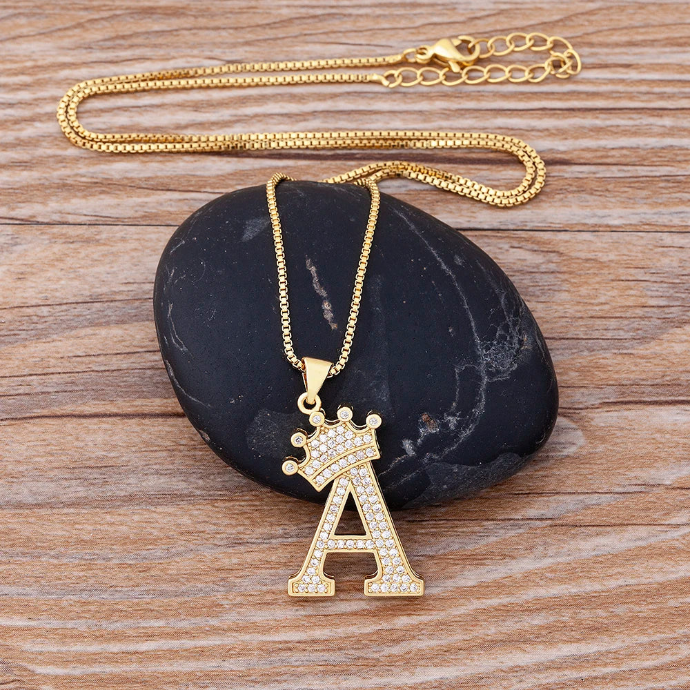 Nidin Premium Copper Zircon Alphabet Pendant Necklace with A-Z Crown Design