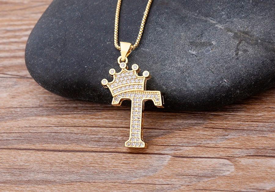 Nidin Premium Copper Zircon Alphabet Pendant Necklace with A-Z Crown Design