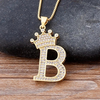 Nidin Premium Copper Zircon Alphabet Pendant Necklace with A-Z Crown Design
