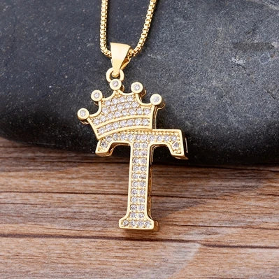 Nidin Premium Copper Zircon Alphabet Pendant Necklace with A-Z Crown Design