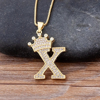 Nidin Premium Copper Zircon Alphabet Pendant Necklace with A-Z Crown Design