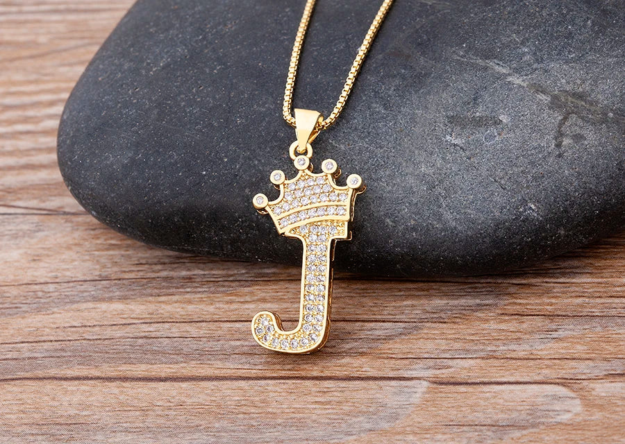 Nidin Premium Copper Zircon Alphabet Pendant Necklace with A-Z Crown Design