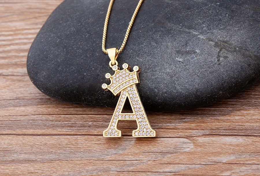 Nidin Premium Copper Zircon Alphabet Pendant Necklace with A-Z Crown Design