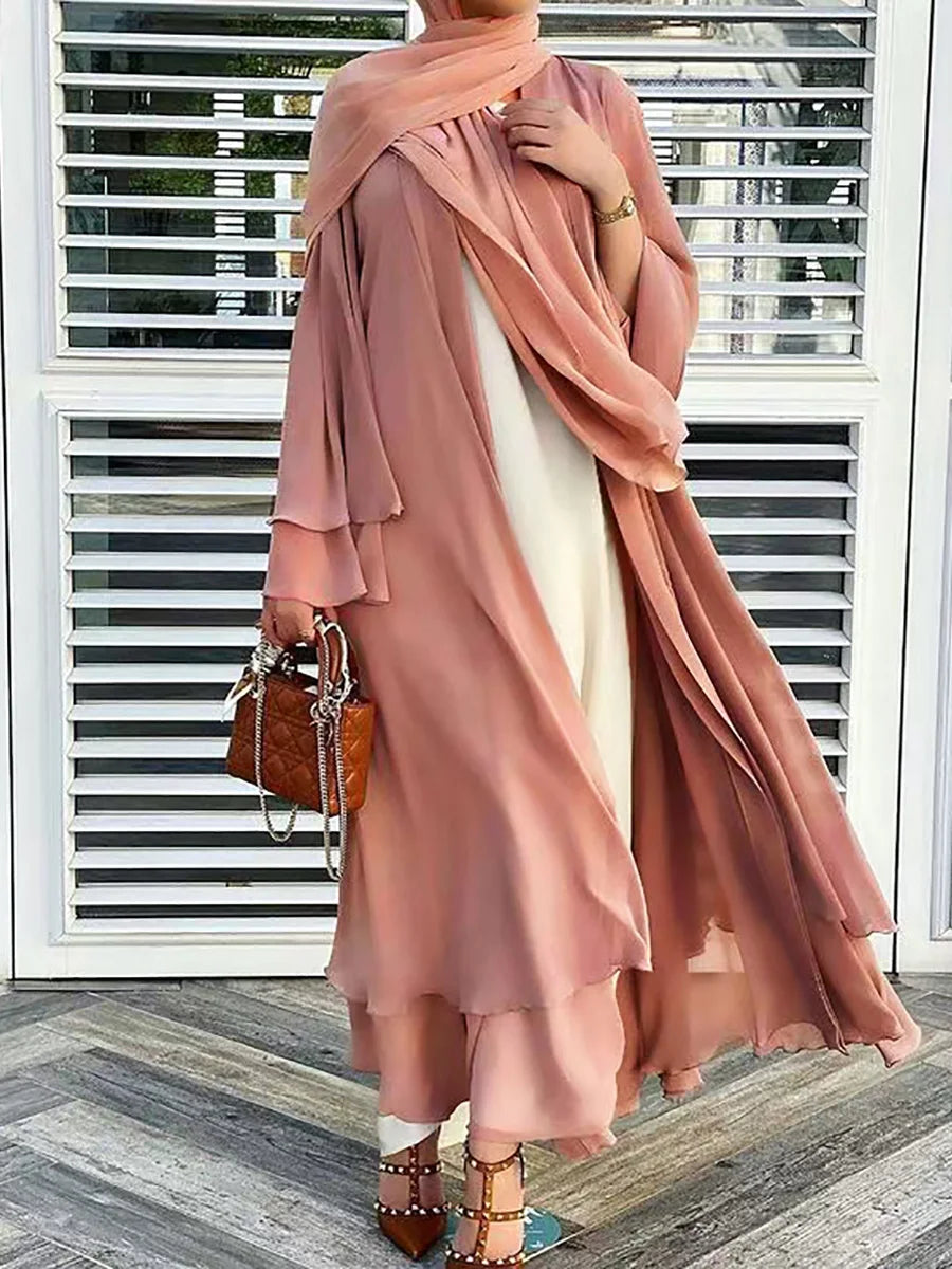 Latest Muslim Abaya – Two-Layer Chiffon Elegant Cardigan Robe for Women