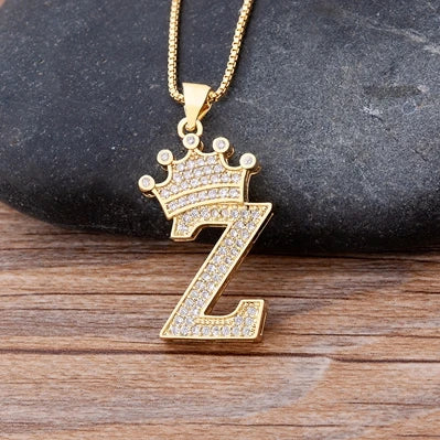 Nidin Premium Copper Zircon Alphabet Pendant Necklace with A-Z Crown Design