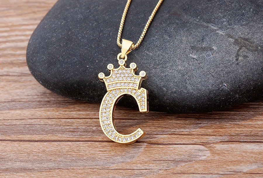 Nidin Premium Copper Zircon Alphabet Pendant Necklace with A-Z Crown Design