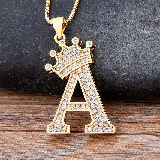 Nidin Premium Copper Zircon Alphabet Pendant Necklace with A-Z Crown Design