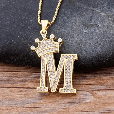 Nidin Premium Copper Zircon Alphabet Pendant Necklace with A-Z Crown Design