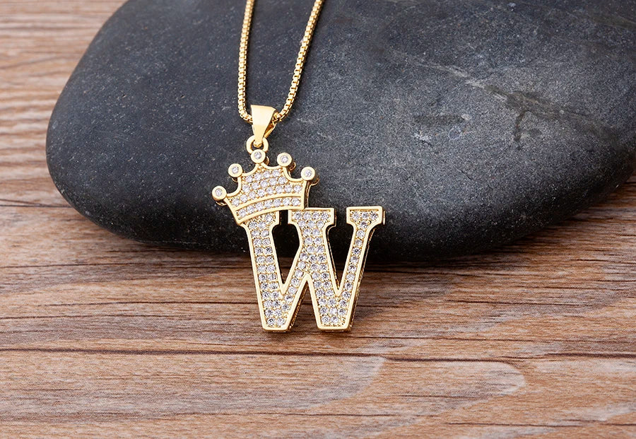 Nidin Premium Copper Zircon Alphabet Pendant Necklace with A-Z Crown Design