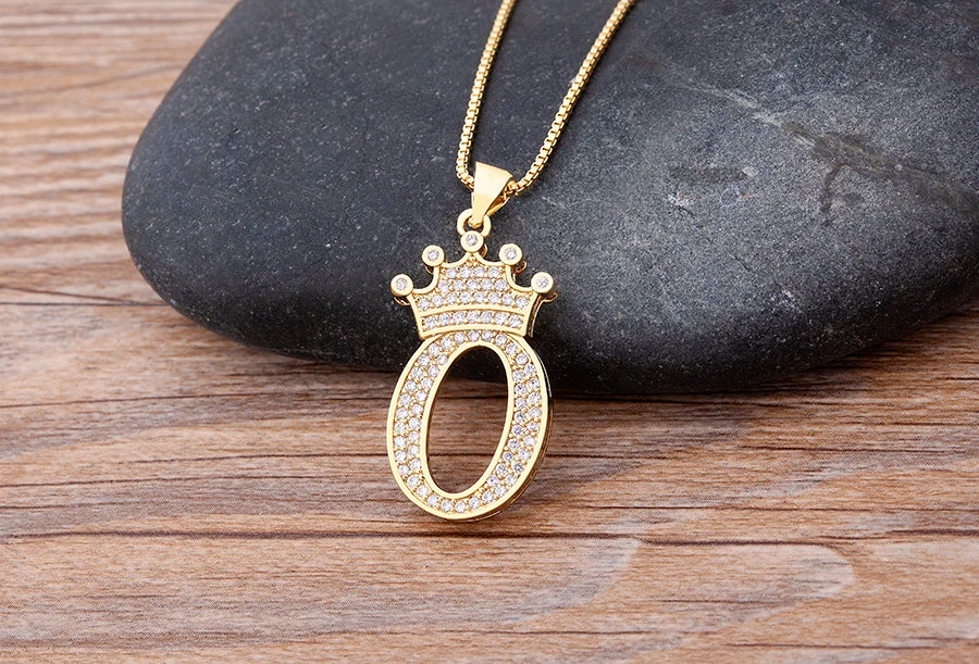 Nidin Premium Copper Zircon Alphabet Pendant Necklace with A-Z Crown Design