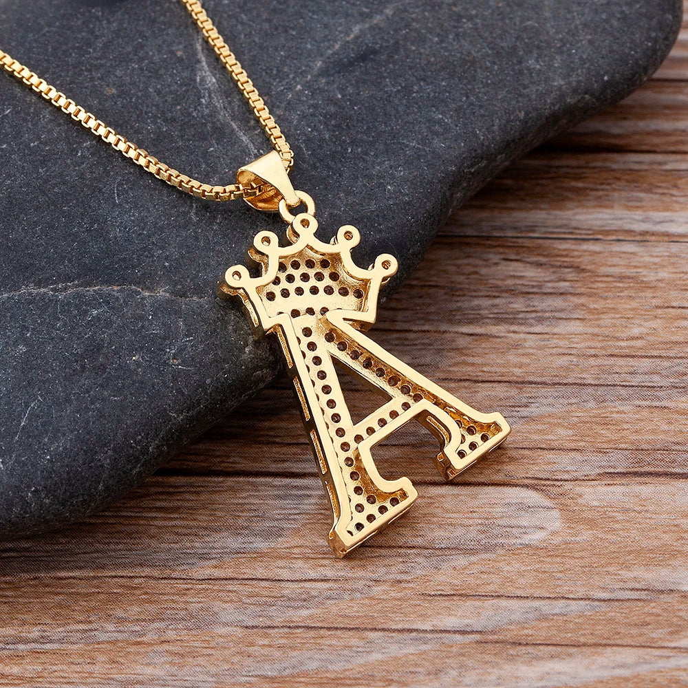 Nidin Premium Copper Zircon Alphabet Pendant Necklace with A-Z Crown Design
