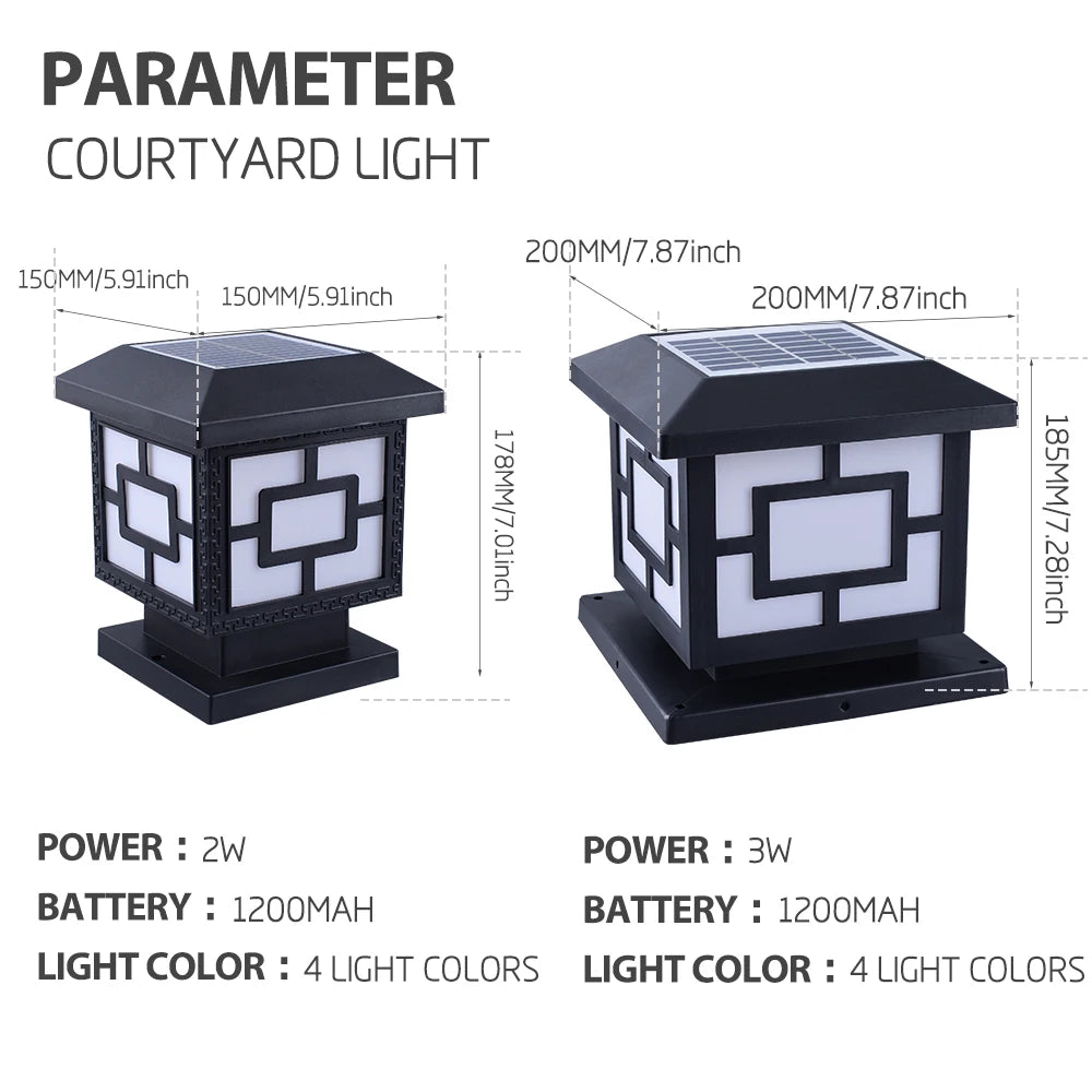 European Classical Solar Square Column Head Light IP65 Waterproof Solar Garden Light | 8–10 Hours Working Time