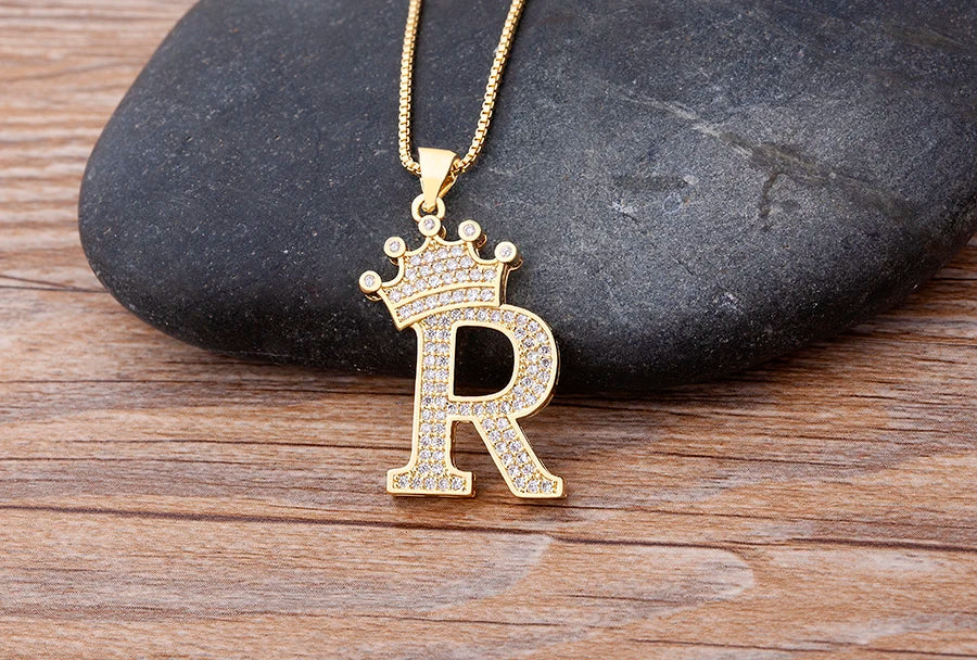 Nidin Premium Copper Zircon Alphabet Pendant Necklace with A-Z Crown Design