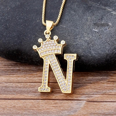 Nidin Premium Copper Zircon Alphabet Pendant Necklace with A-Z Crown Design