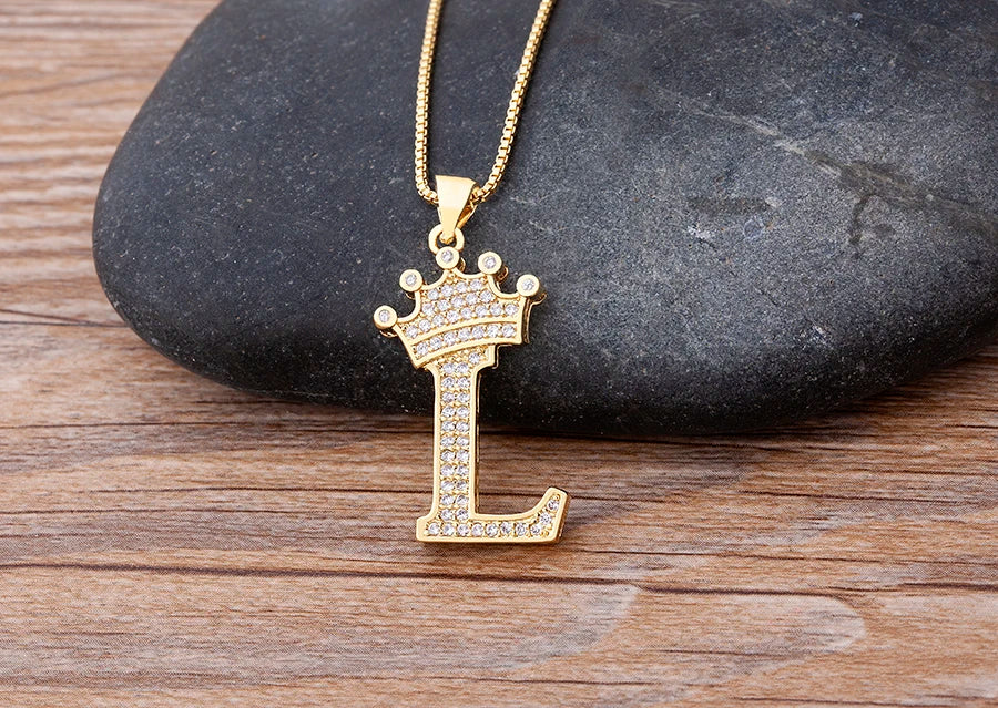 Nidin Premium Copper Zircon Alphabet Pendant Necklace with A-Z Crown Design