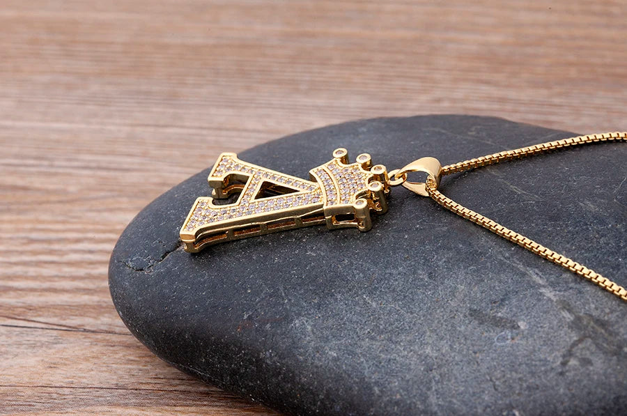Nidin Premium Copper Zircon Alphabet Pendant Necklace with A-Z Crown Design