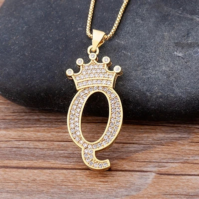 Nidin Premium Copper Zircon Alphabet Pendant Necklace with A-Z Crown Design