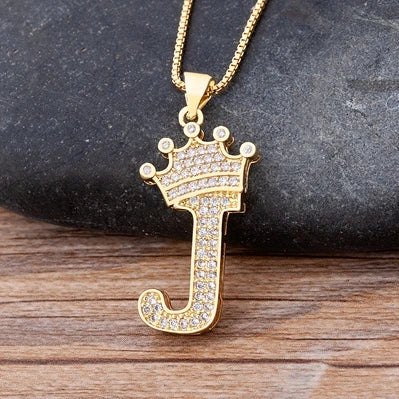 Nidin Premium Copper Zircon Alphabet Pendant Necklace with A-Z Crown Design