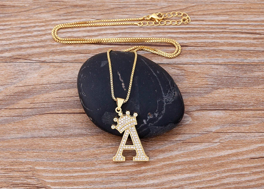 Nidin Premium Copper Zircon Alphabet Pendant Necklace with A-Z Crown Design