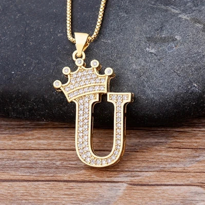 Nidin Premium Copper Zircon Alphabet Pendant Necklace with A-Z Crown Design