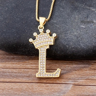 Nidin Premium Copper Zircon Alphabet Pendant Necklace with A-Z Crown Design