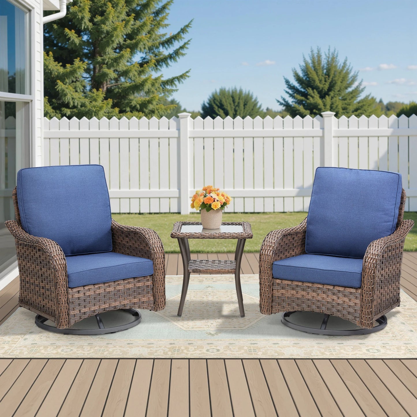 3 Pieces Outdoor Furniture Set – Swivel Gliders Rocker Wicker Patio Bistro Set with Side Table