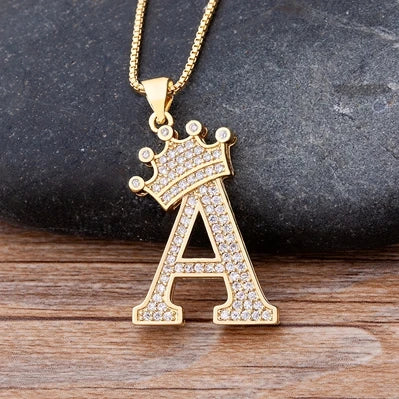 Nidin Premium Copper Zircon Alphabet Pendant Necklace with A-Z Crown Design