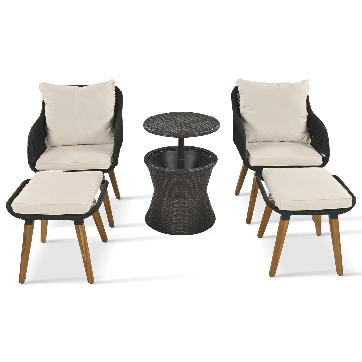 wicker patio conversation sets with a cool bar table + ottomans
